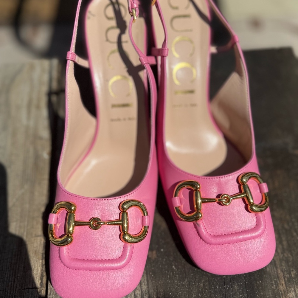 Gucci Pink Leather Heels with Gold Accents